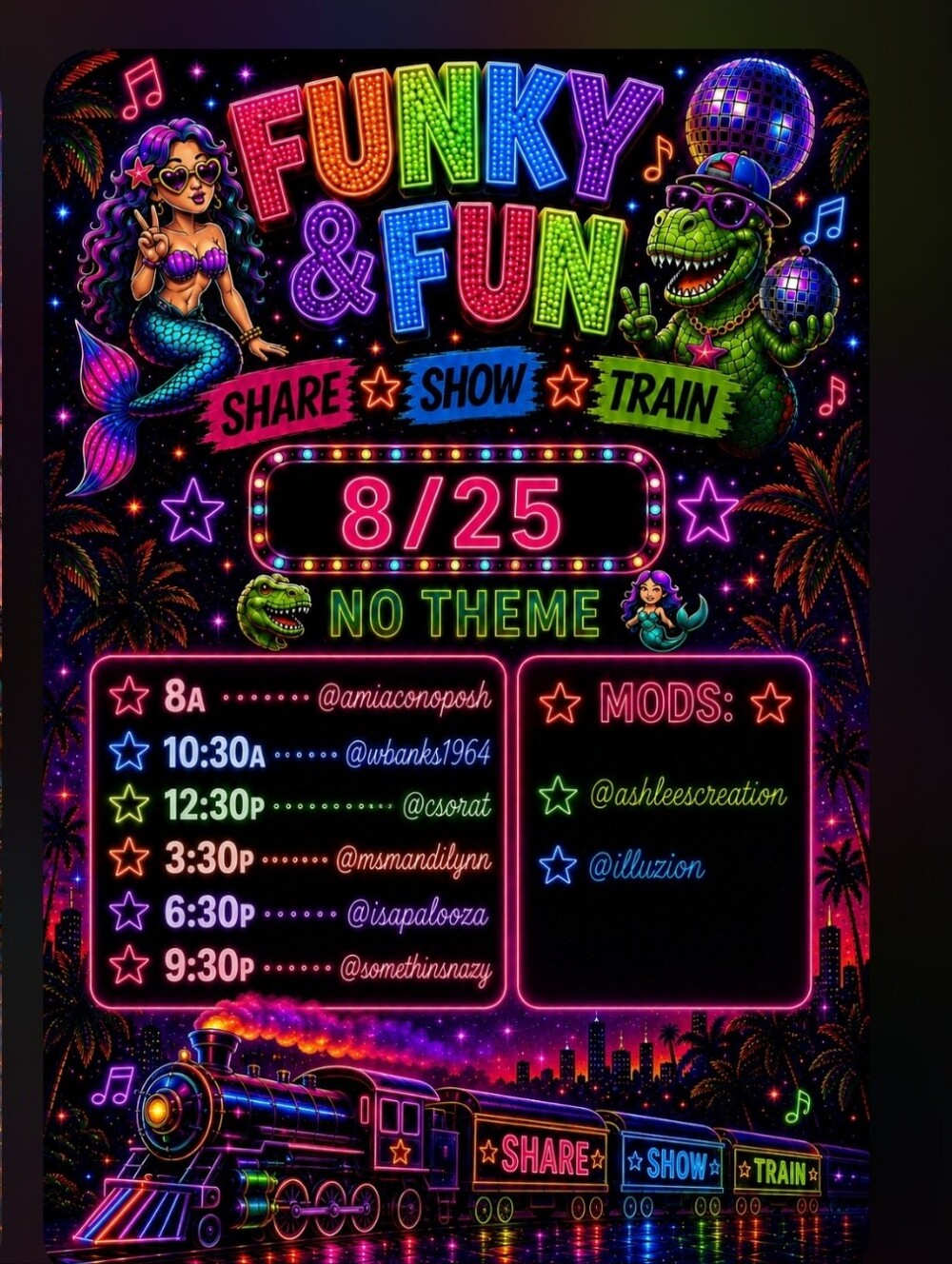 All Aboard For The Funky & Fun Tuesday Share Show Train August 25 At 8am EST